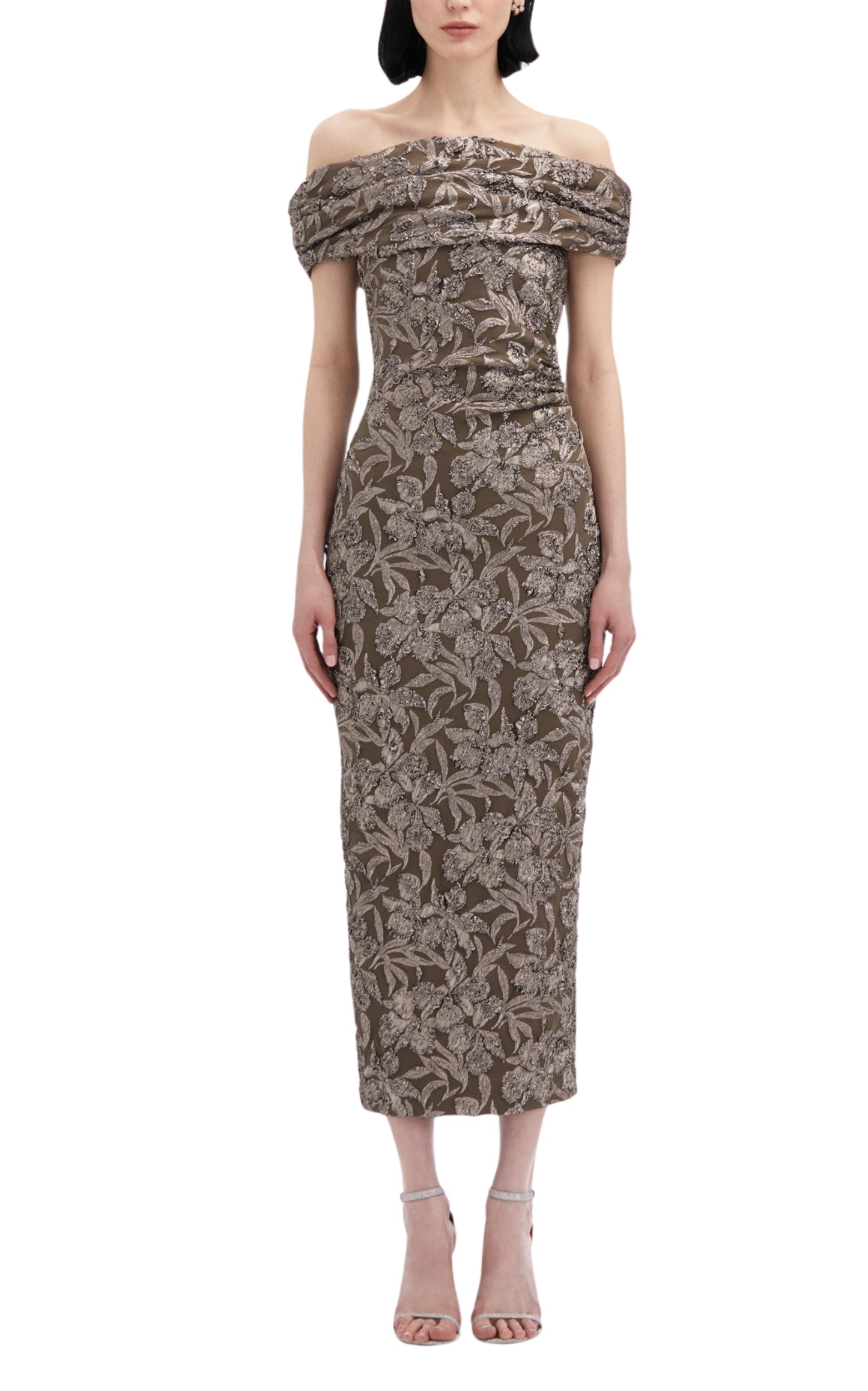 Abito midi in jacquard floreale metallizzato