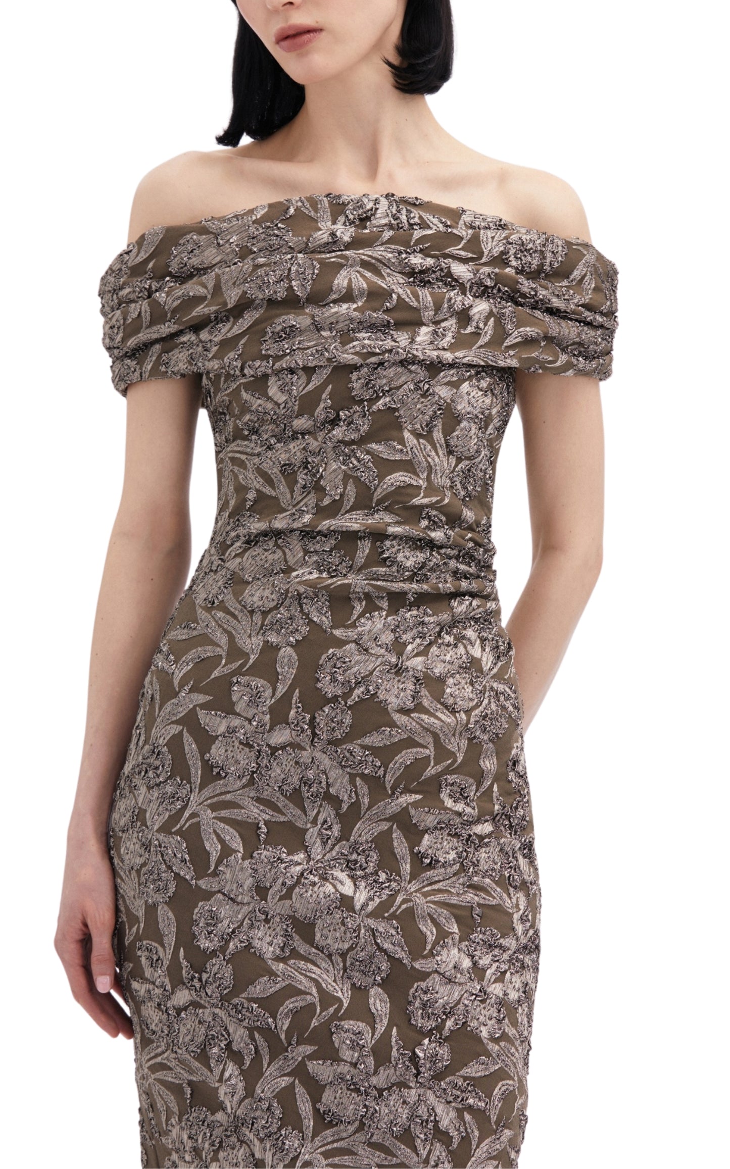 Abito midi in jacquard floreale metallizzato