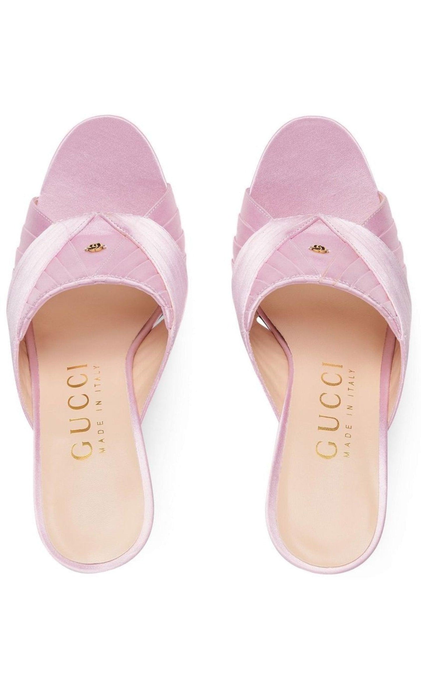 Sandalen aus rosafarbenem Satin mit Doppel-G, 95 mm