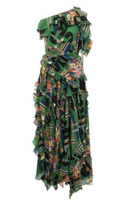 Grøn floral ternet print flæsede silke kjole