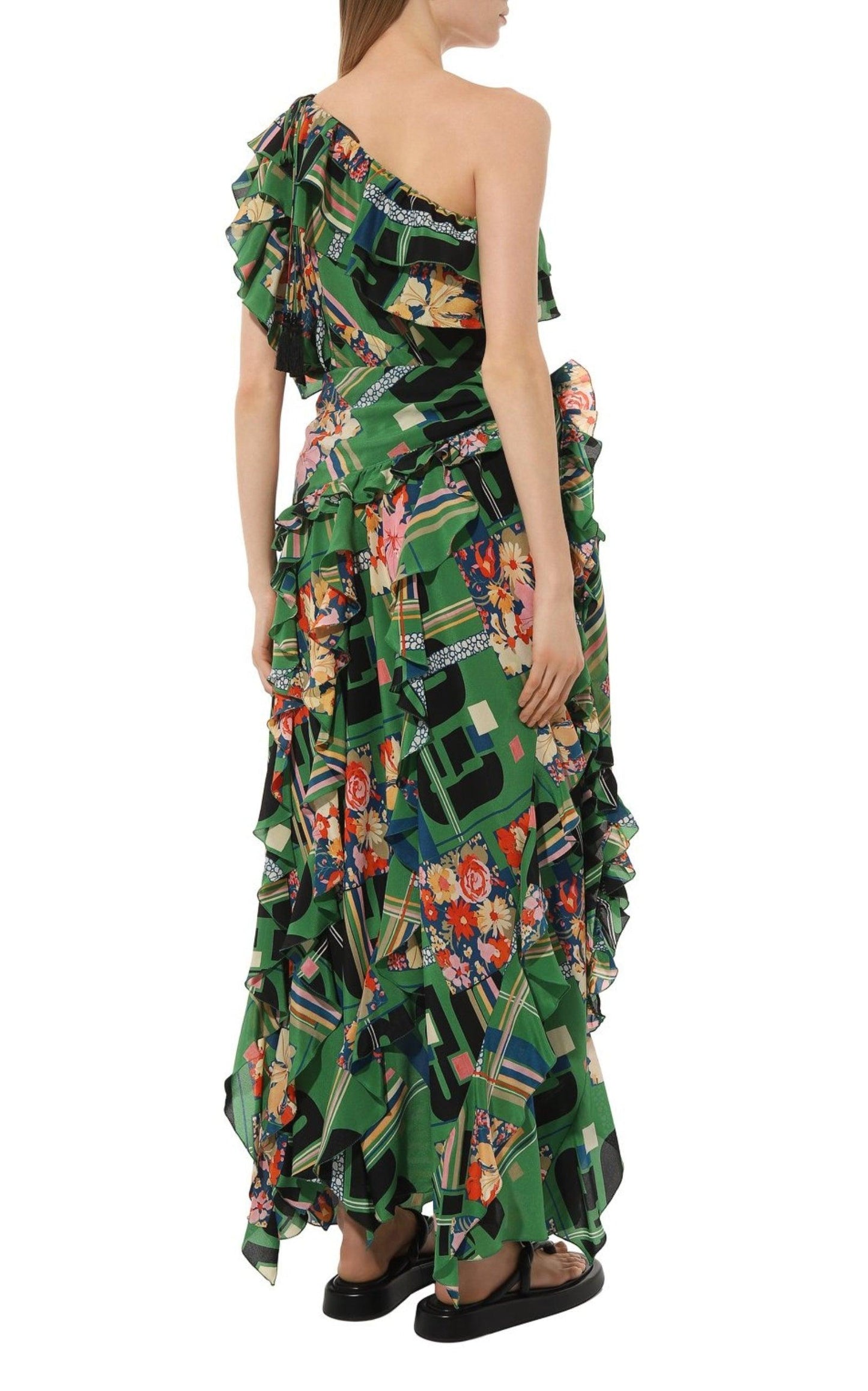 Green Floral Check-Print Ruffled Silk Gown