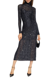 Navy Blue Sequin Knit High-Neck Dress Alaïa