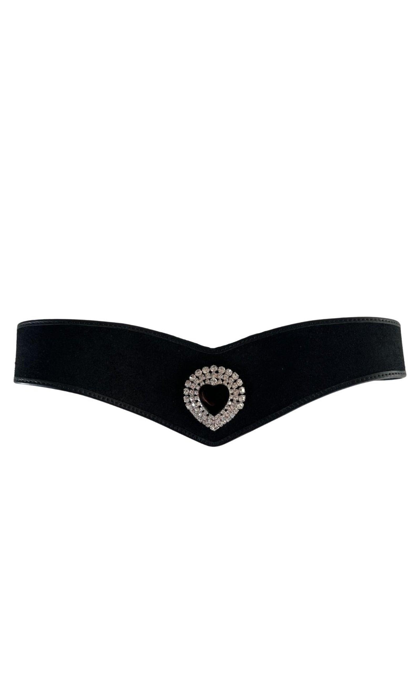 Black Leather and Velvet Crystal Heart Belt Alessandra Rich