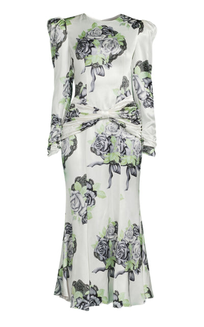 Silk Satin Rose Print Midi Dress Alessandra Rich