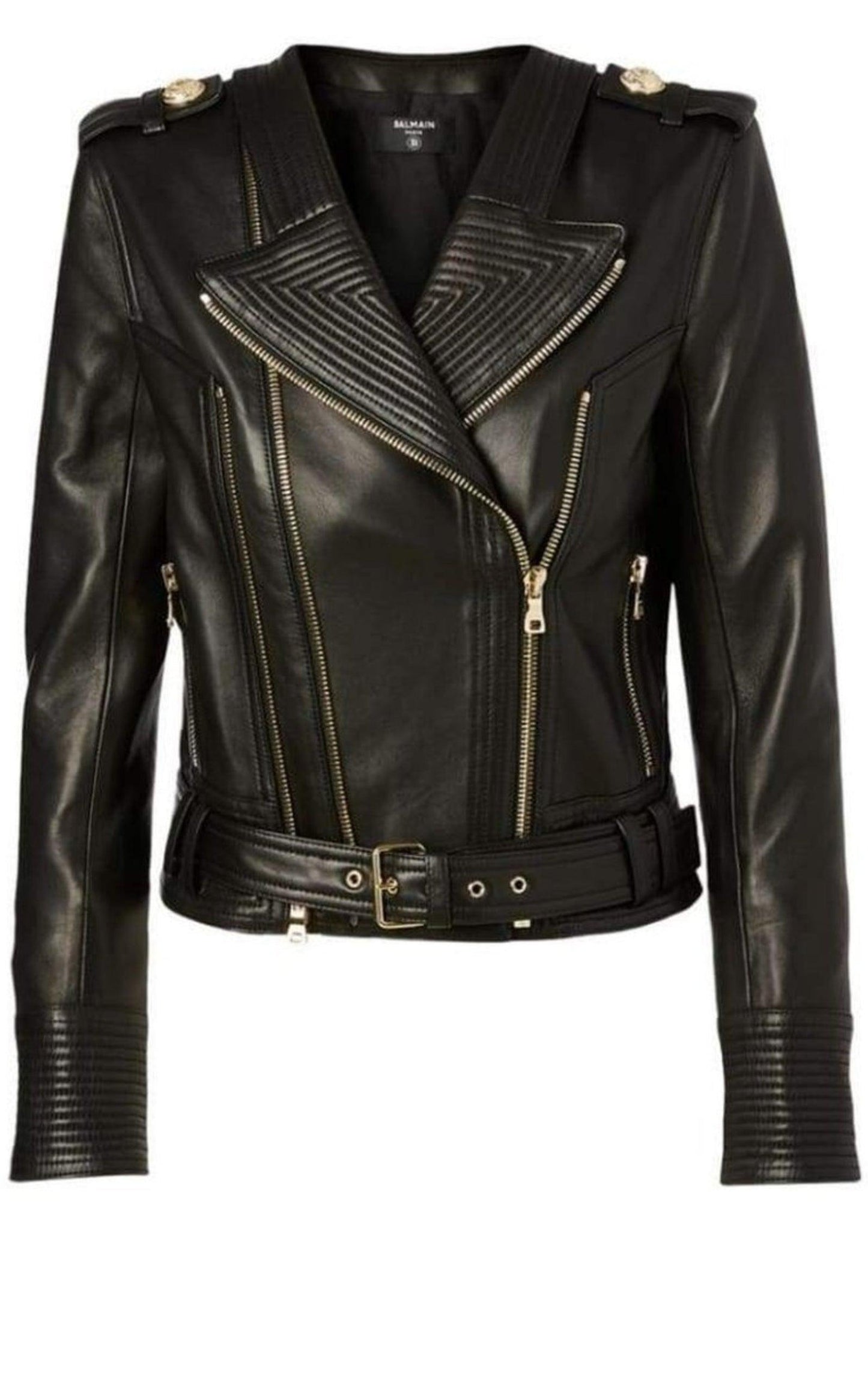 Black Buckle Belt Leather Jacket Balmain