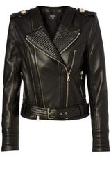 Black Buckle Belt Leather Jacket Balmain