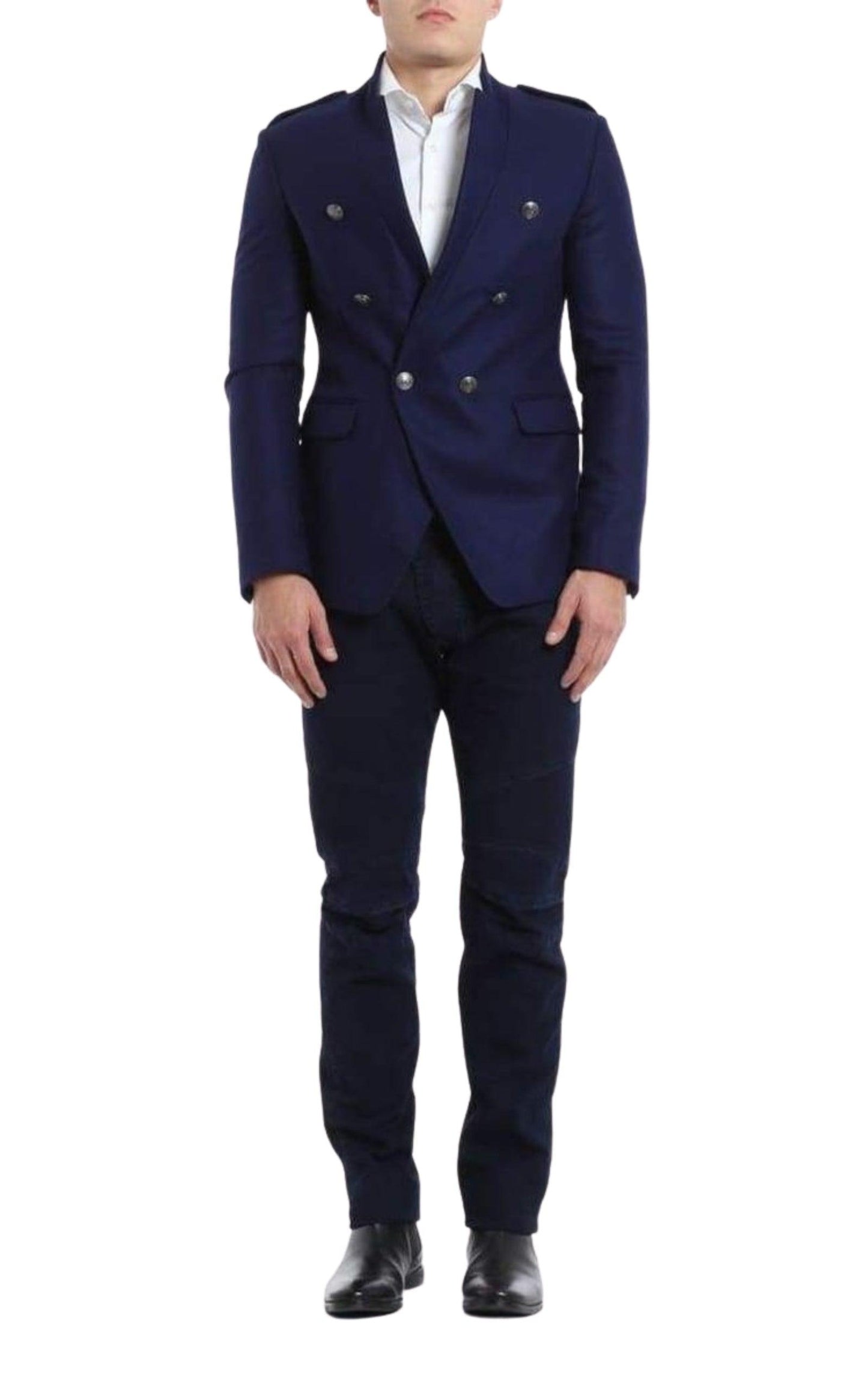 Blue Wool Blazer with Epaulettes Balmain