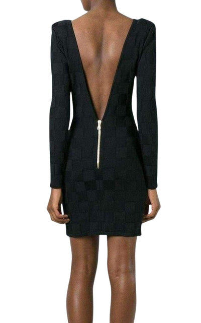 Check Jacquard Deep V-Back Dress Balmain