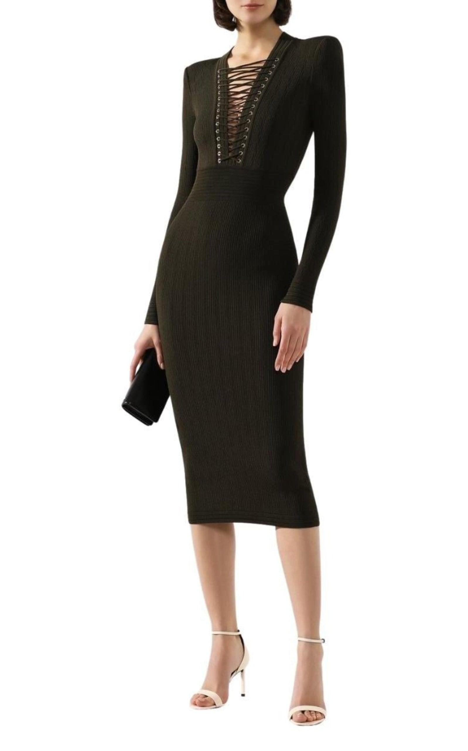 Lace-up Long Sleeve Midi Sweater Dress Balmain