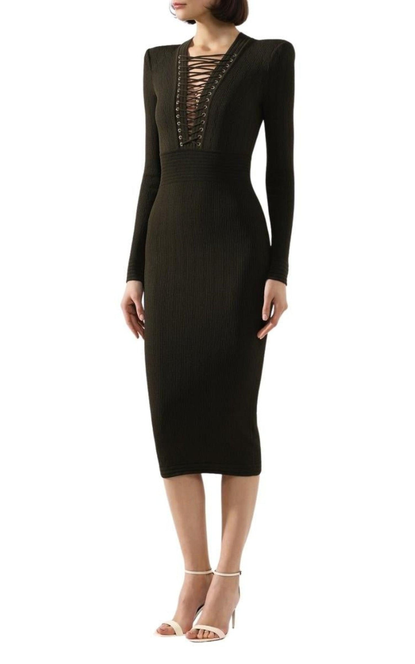 Lace-up Long Sleeve Midi Sweater Dress Balmain