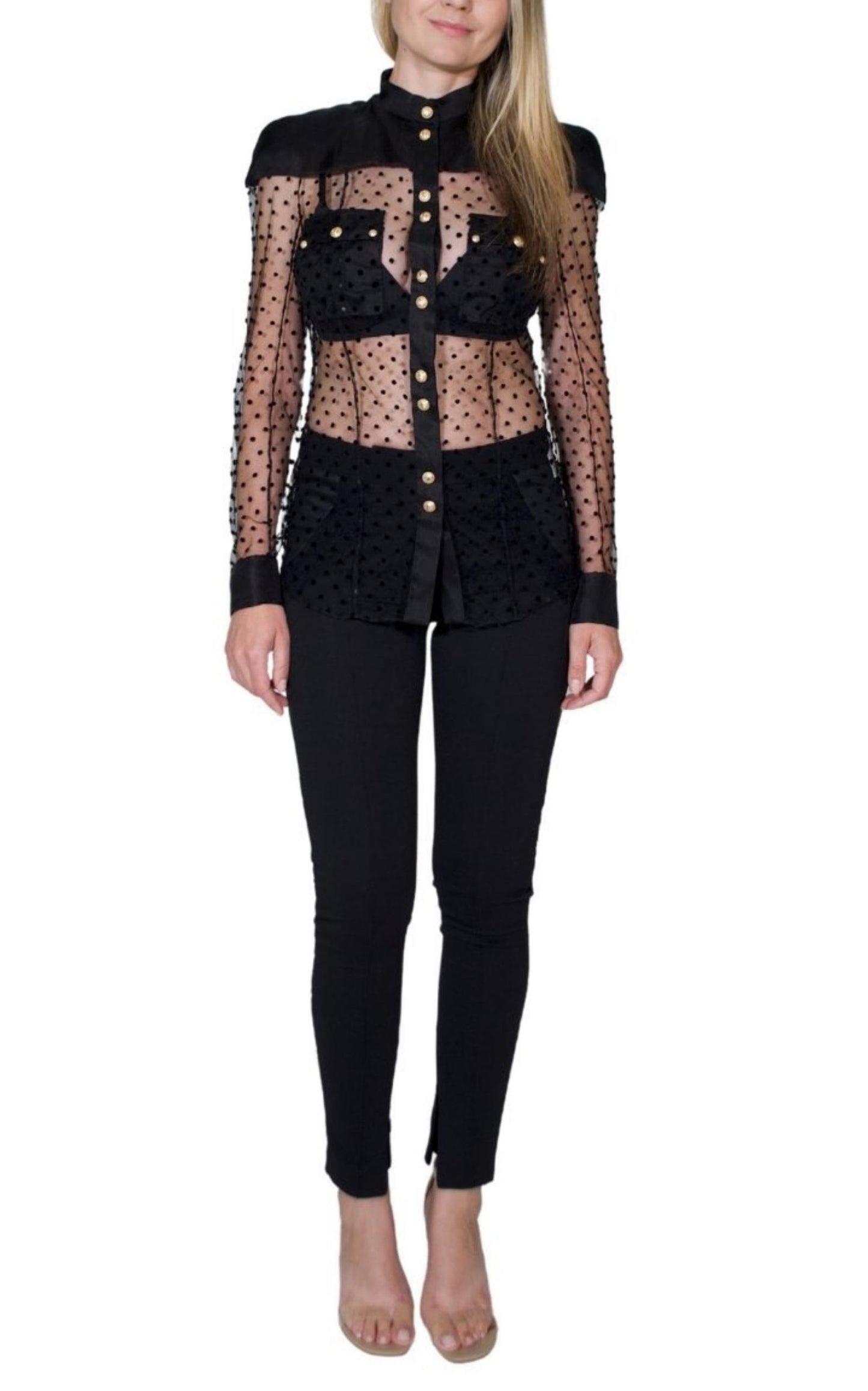 Long Sleeve Black Polka Dot Silk Shirt Balmain