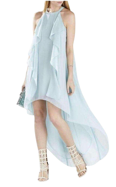 Kelsia Aqua Mist Cascade Ruffle Halter Dress BCBGMAXAZRIA