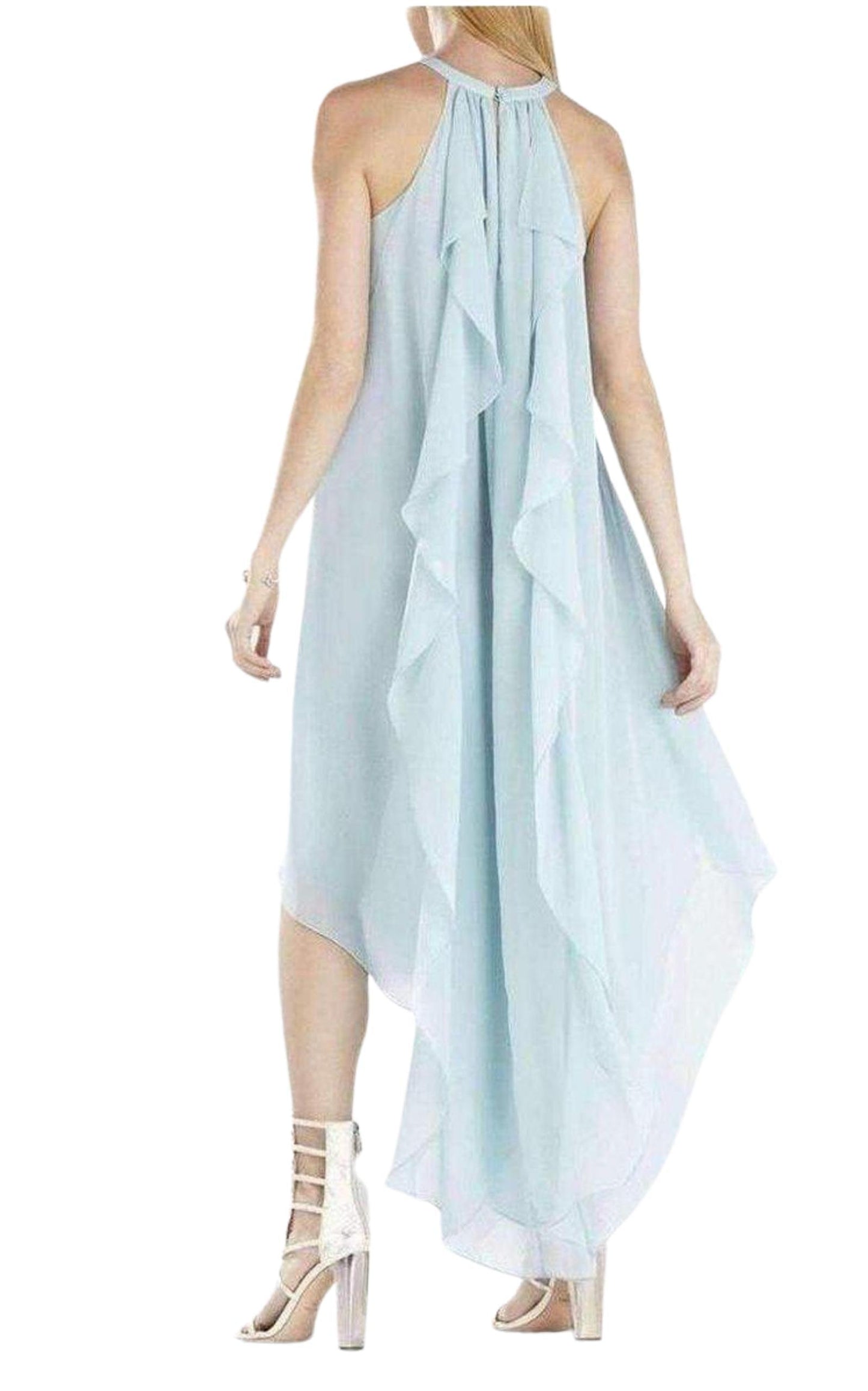 Kelsia Aqua Mist Cascade Ruffle Halter Dress BCBGMAXAZRIA