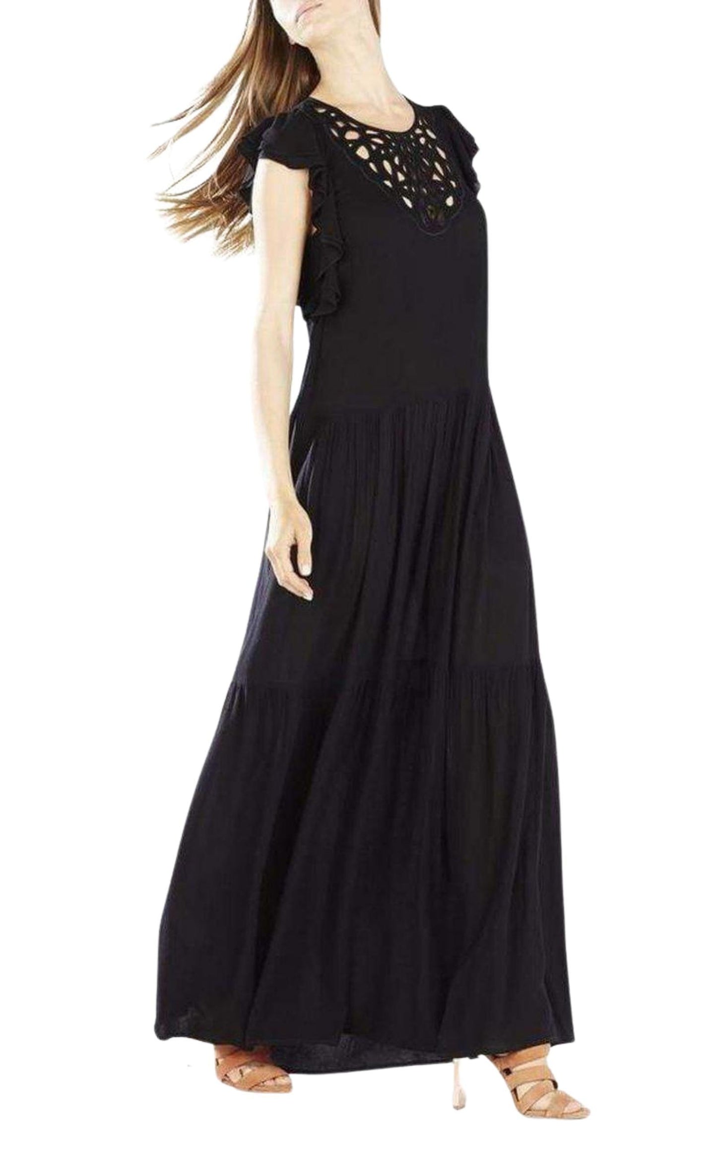 Lyndsy Flutter Sleeve Cutout Embroidered Maxi Dress BCBGMAXAZRIA