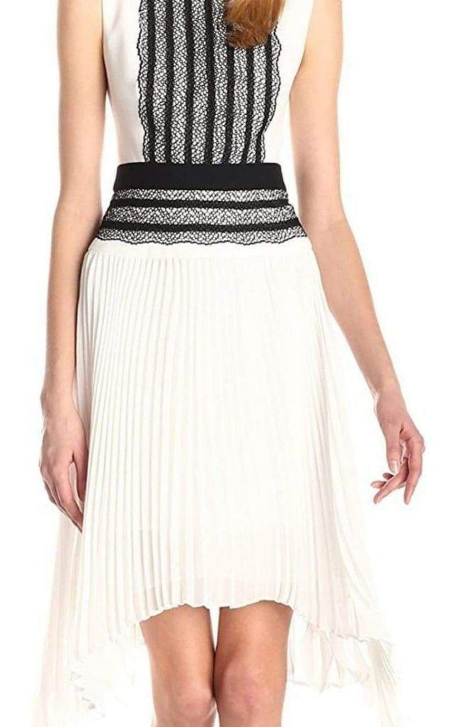 Sleeveless Pleated-Skirt Lace-Trim Dress BCBGMAXAZRIA