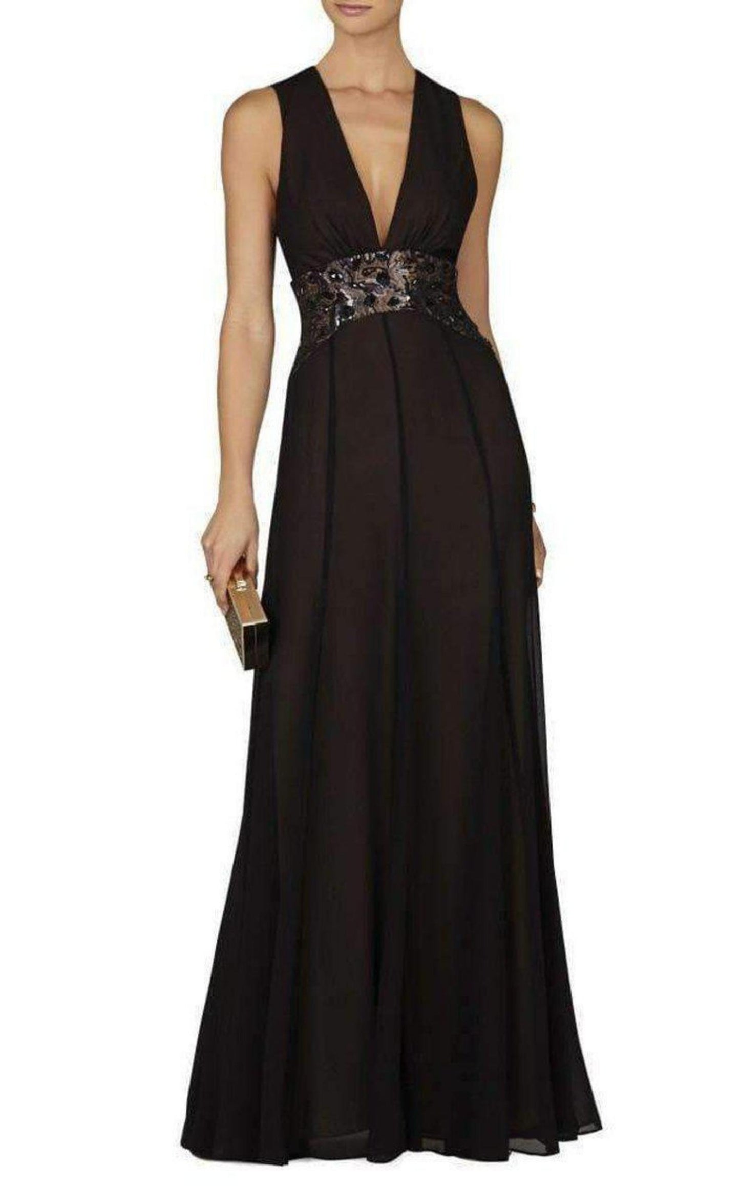 Stacy Plunging V Neck Embellished Waist Gown BCBGMAXAZRIA