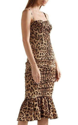 Ruched Leopard Print Silk Cady Midi Dress Dolce & Gabbana