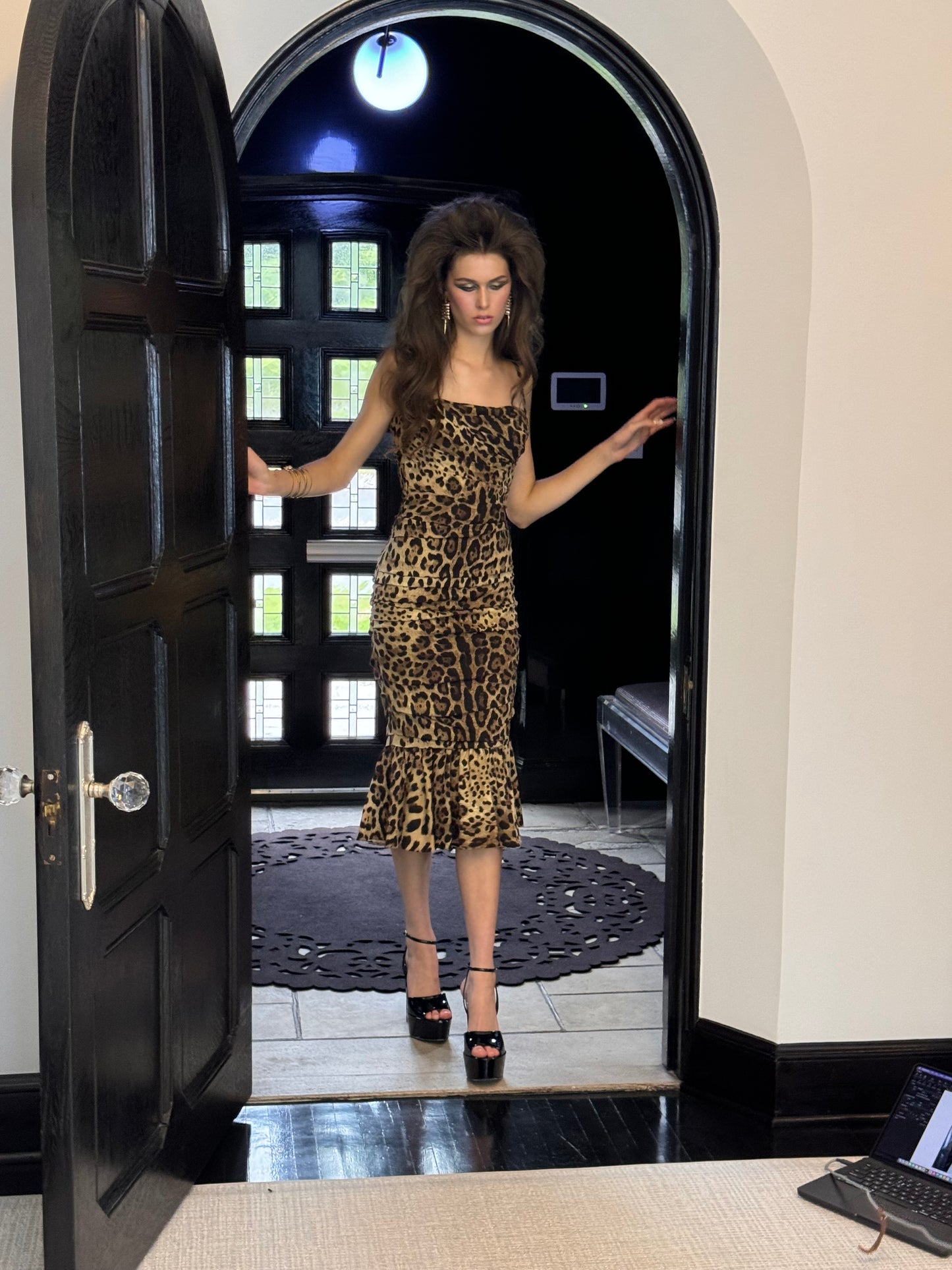 Dolce & Gabbana Ruched Leopard Print Silk Cady Midi Dress