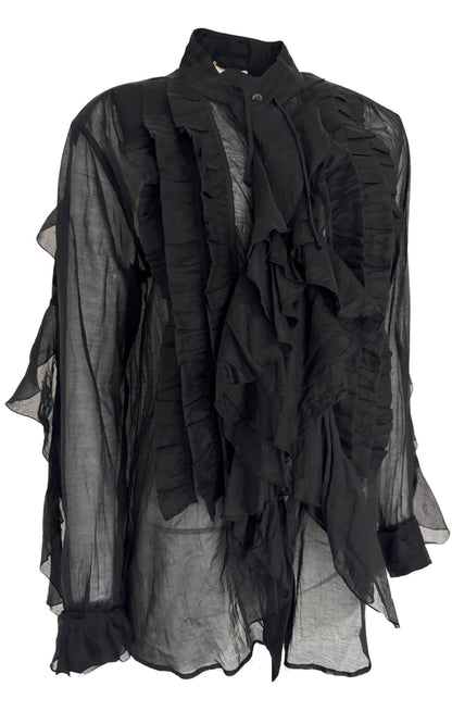 Dries Van Noten Black Ruffle Cotton Silk Blend Shirt - Runway Catalog