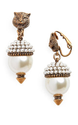 Feline Head Pearl Drop Earrings Gucci