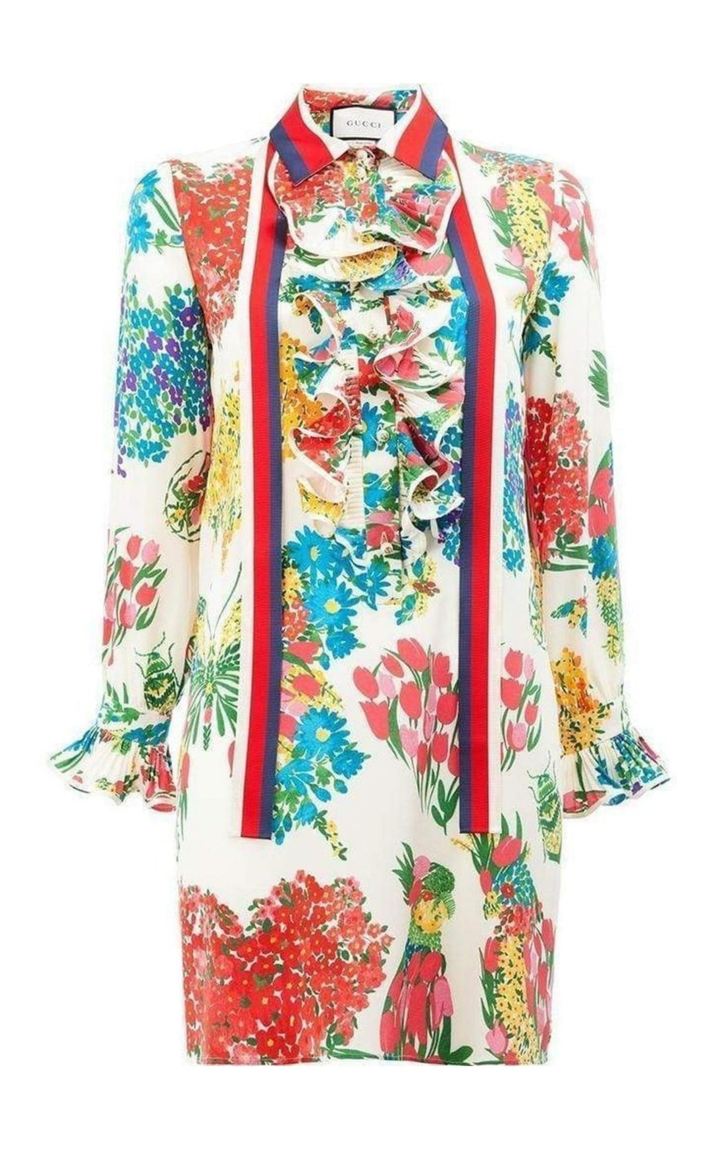 Floral Print Ruffle Trim Shirt Dress Gucci