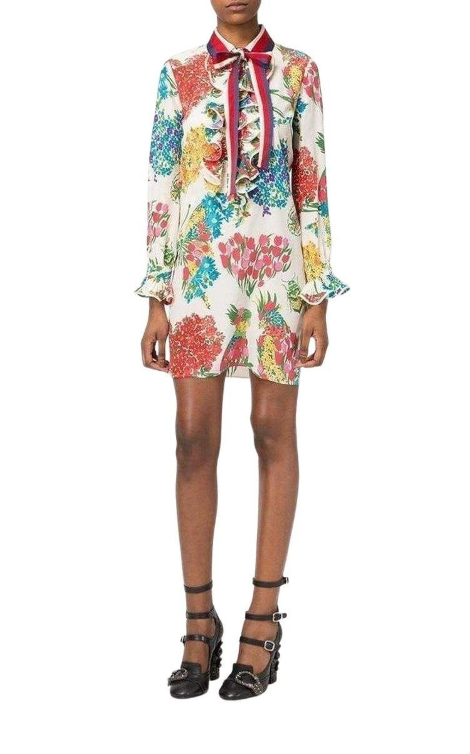 Floral Print Ruffle Trim Shirt Dress Gucci