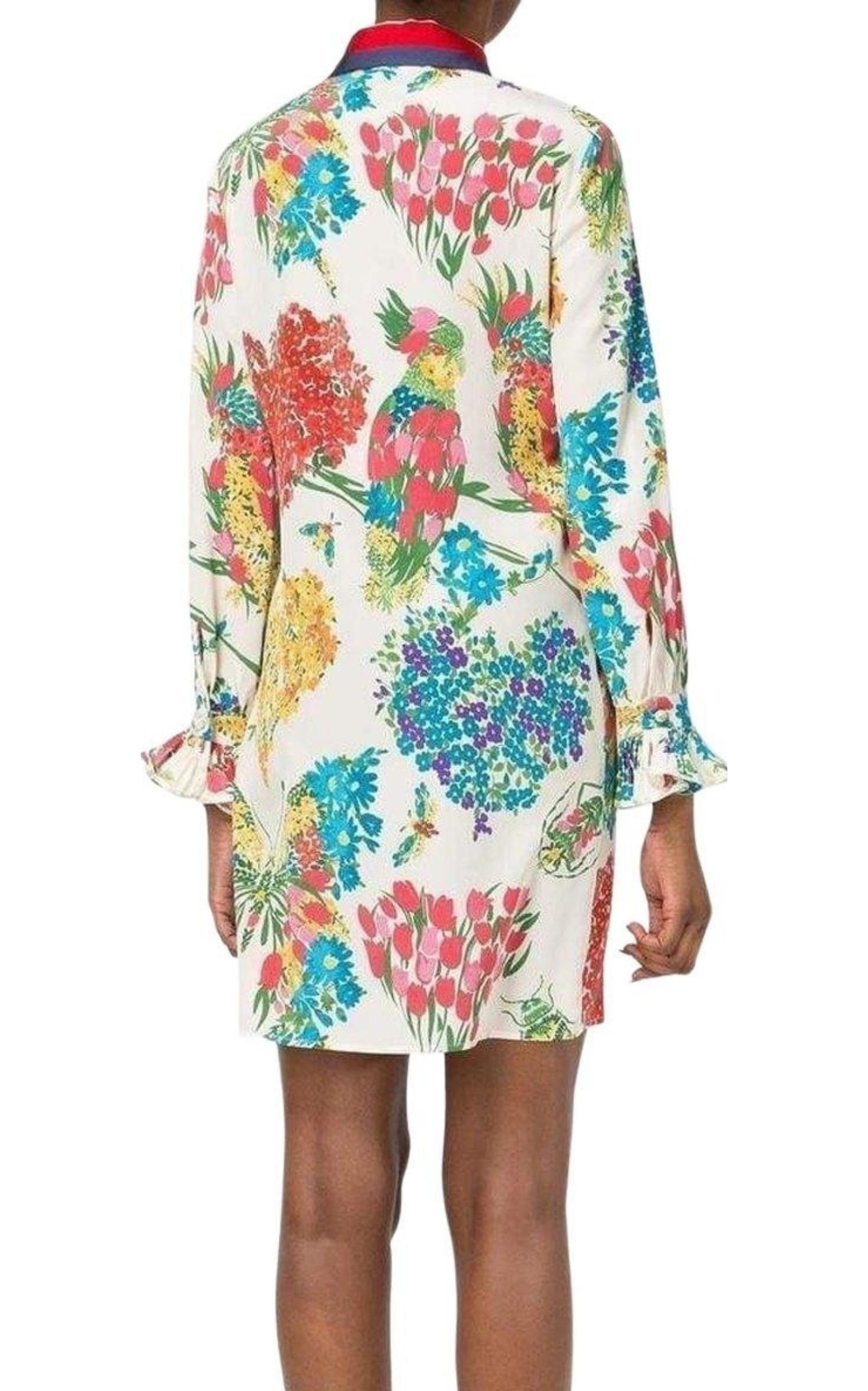 Floral Print Ruffle Trim Shirt Dress Gucci