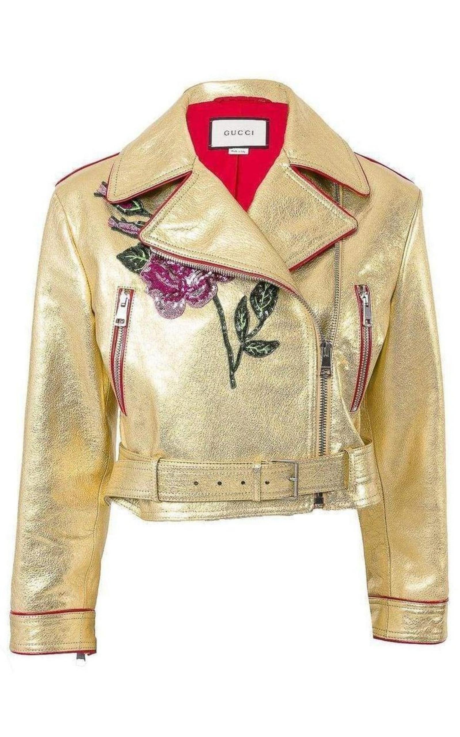 Gold Leather Short Biker Jacket Gucci