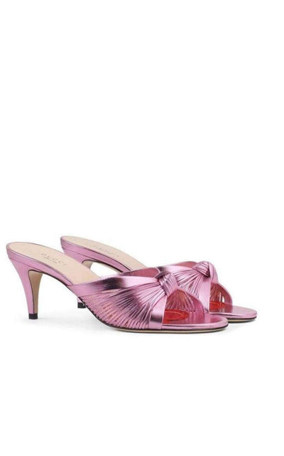 Knotted Metallic Leather Mid-Heel Bow Mule Gucci