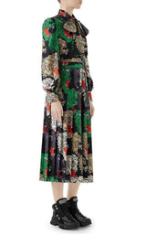 Pleated Rainbow-Panther Face Silk Twill Dress Gucci