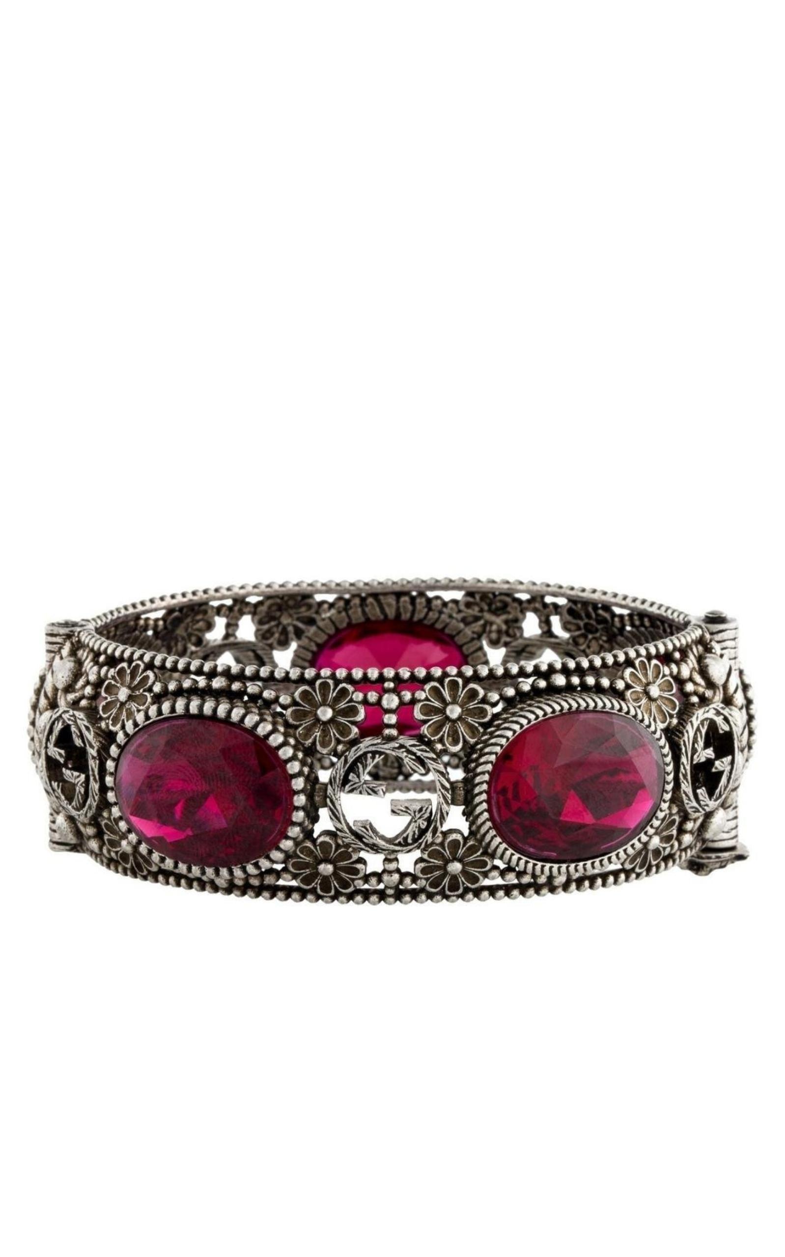 Red Crystal Embellished Sterling Silver Bracelet Gucci