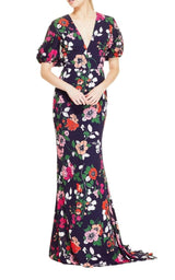 Floral Printed Georgette V-Neck Gown Lela Rose