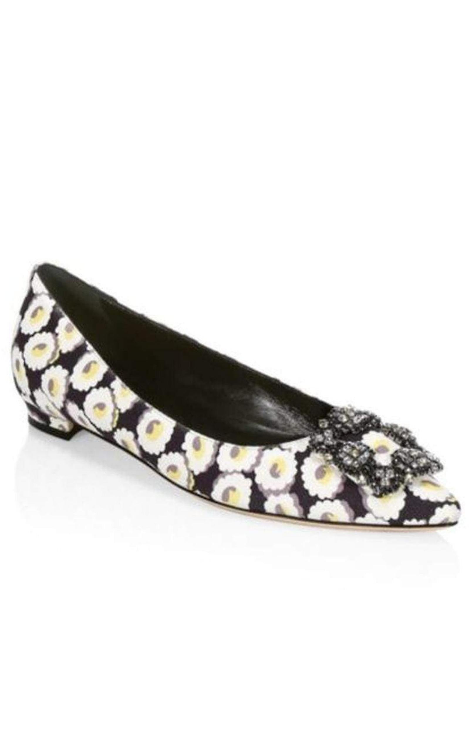 Crystal Brooch Floral Print Flats MANOLO BLAHNIK