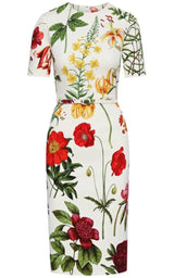 Oscar de la Renta Floral Belted Stretch Cotton Twill Dress