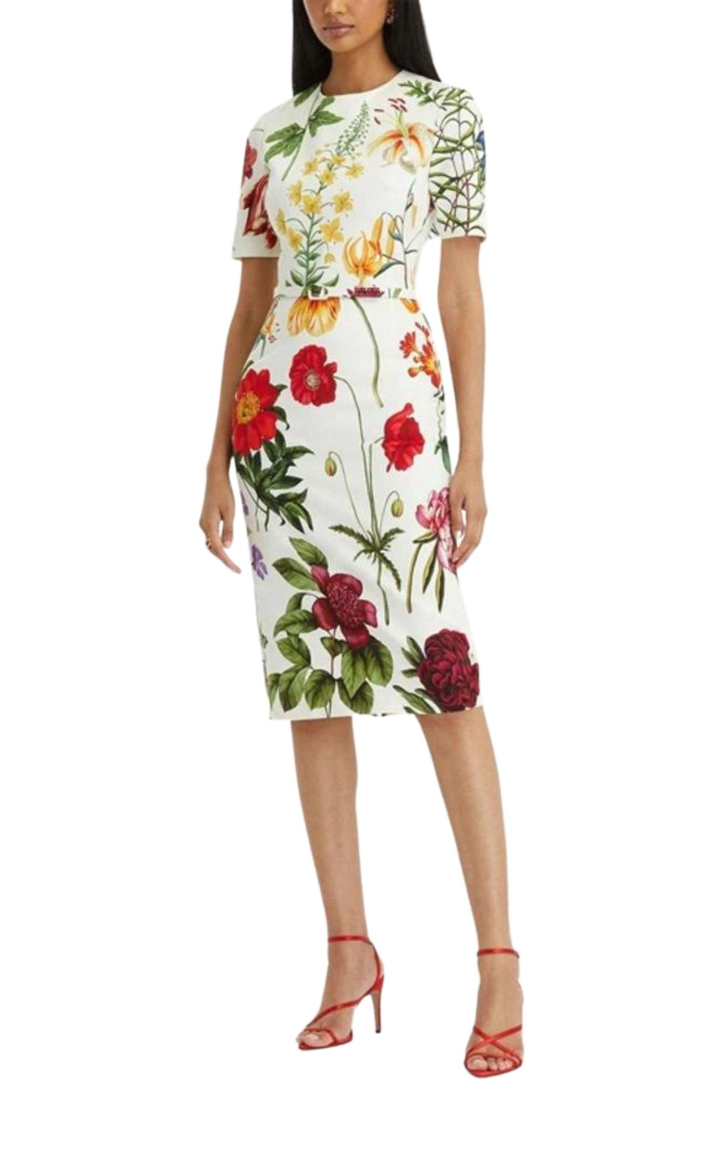 Oscar de la Renta Floral Belted Stretch Cotton Twill Dress