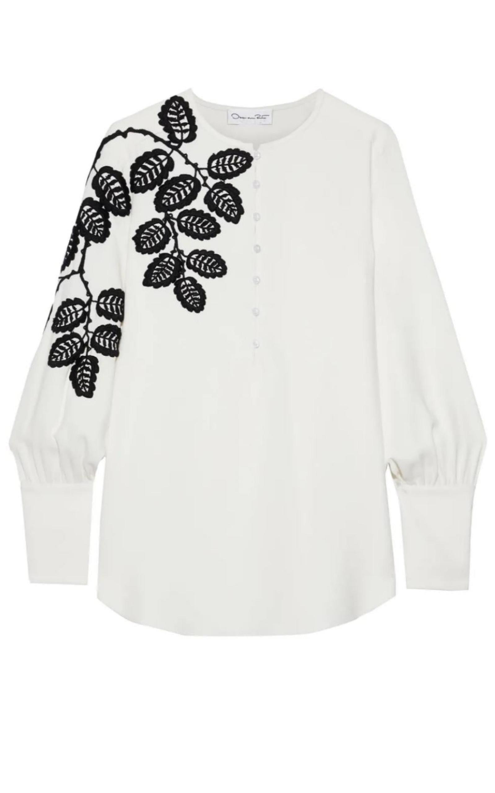 Leaf Embroidered Silk Blouse Oscar de la Renta