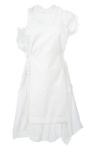 Lace Trim White Seersucker Dress Sacai