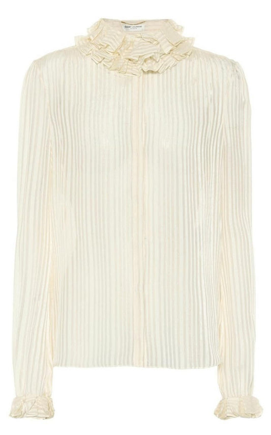 Ivory Ruffle-collar Striped Silk Shirt Saint Laurent