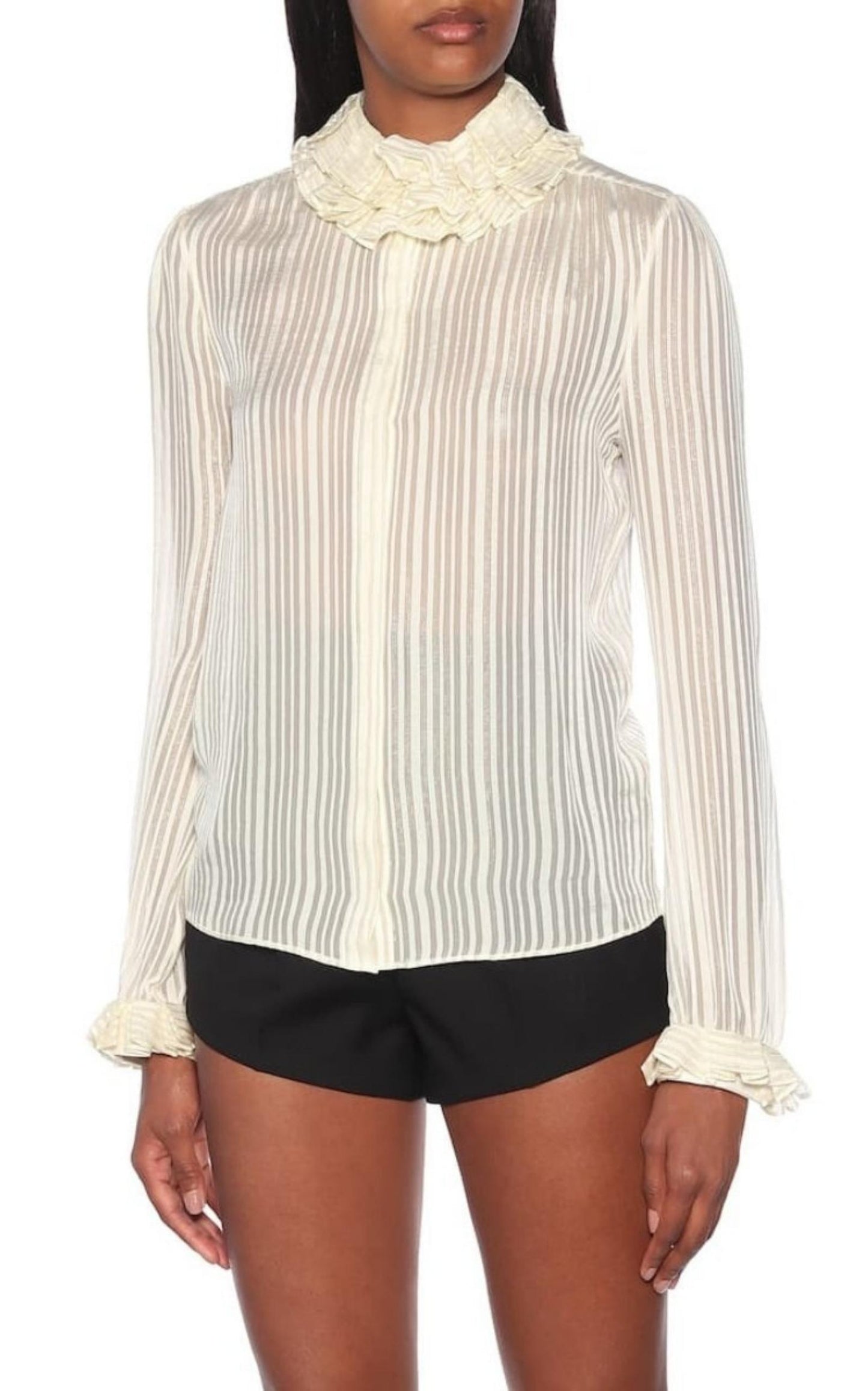 Ivory Ruffle-collar Striped Silk Shirt Saint Laurent