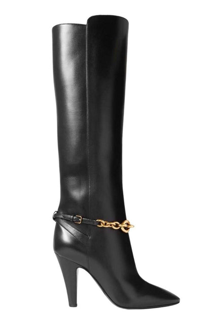 Le Maillon Chain-embellished Leather Knee Boots Saint Laurent