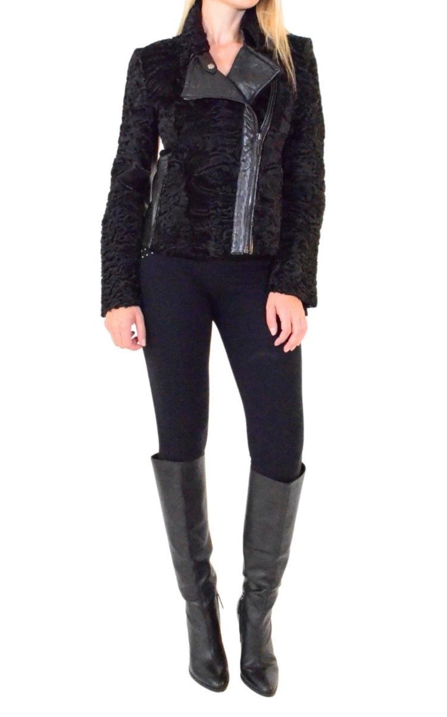 Black Astrakhan Lamb Fur Karakul Biker Jacket Valentino