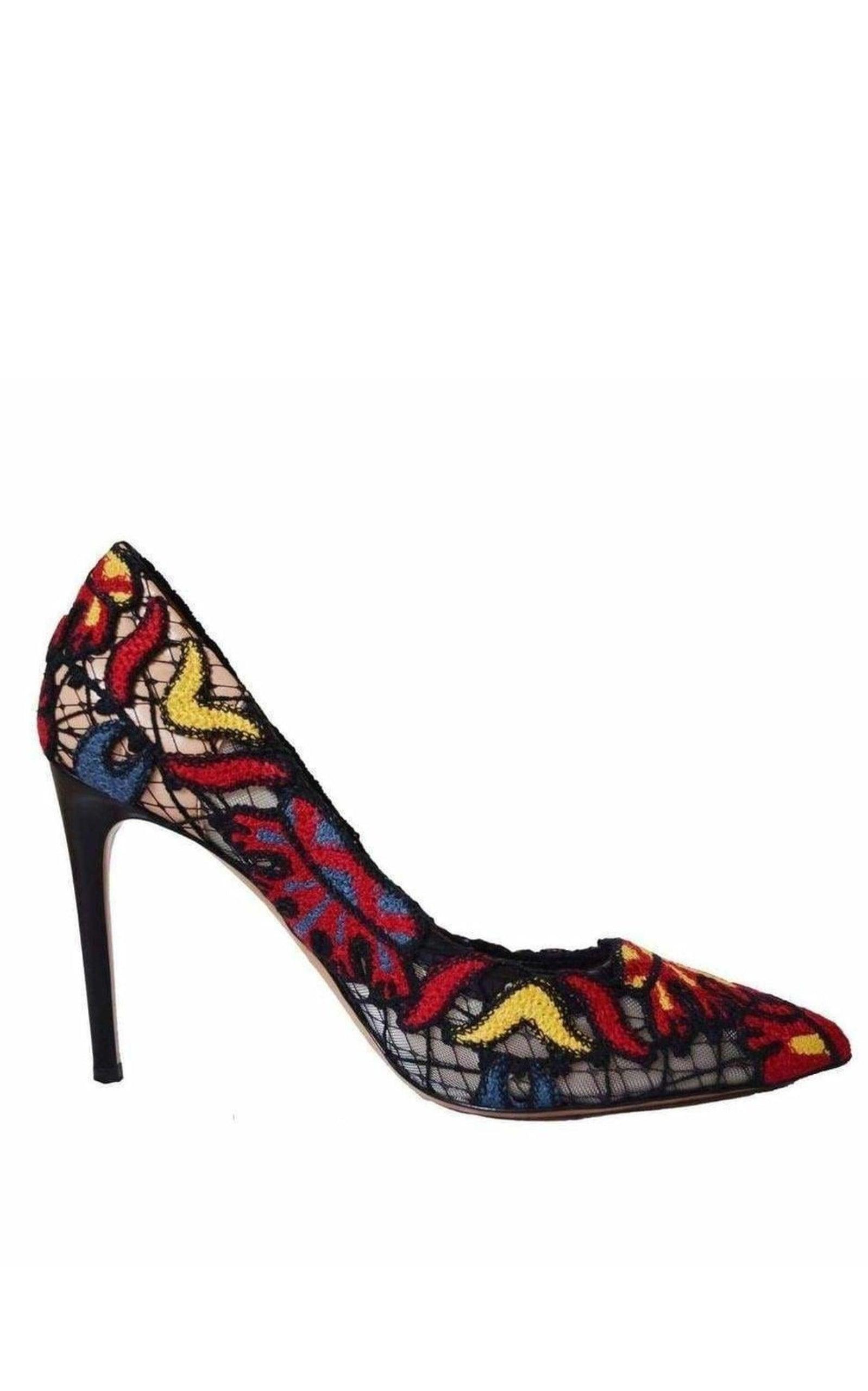 Ethnic Embroidered Lace over Leather Pumps Valentino