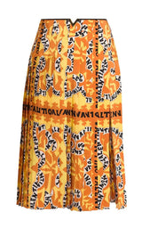 Pleated Logo Print Silk Midi Skirt Valentino