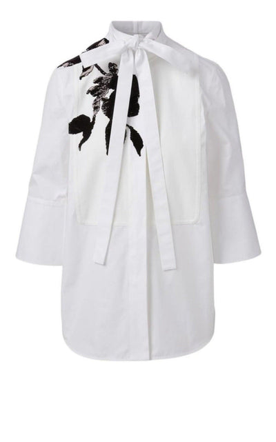 White Floral Embroidery Cotton Shirt with Tie Valentino