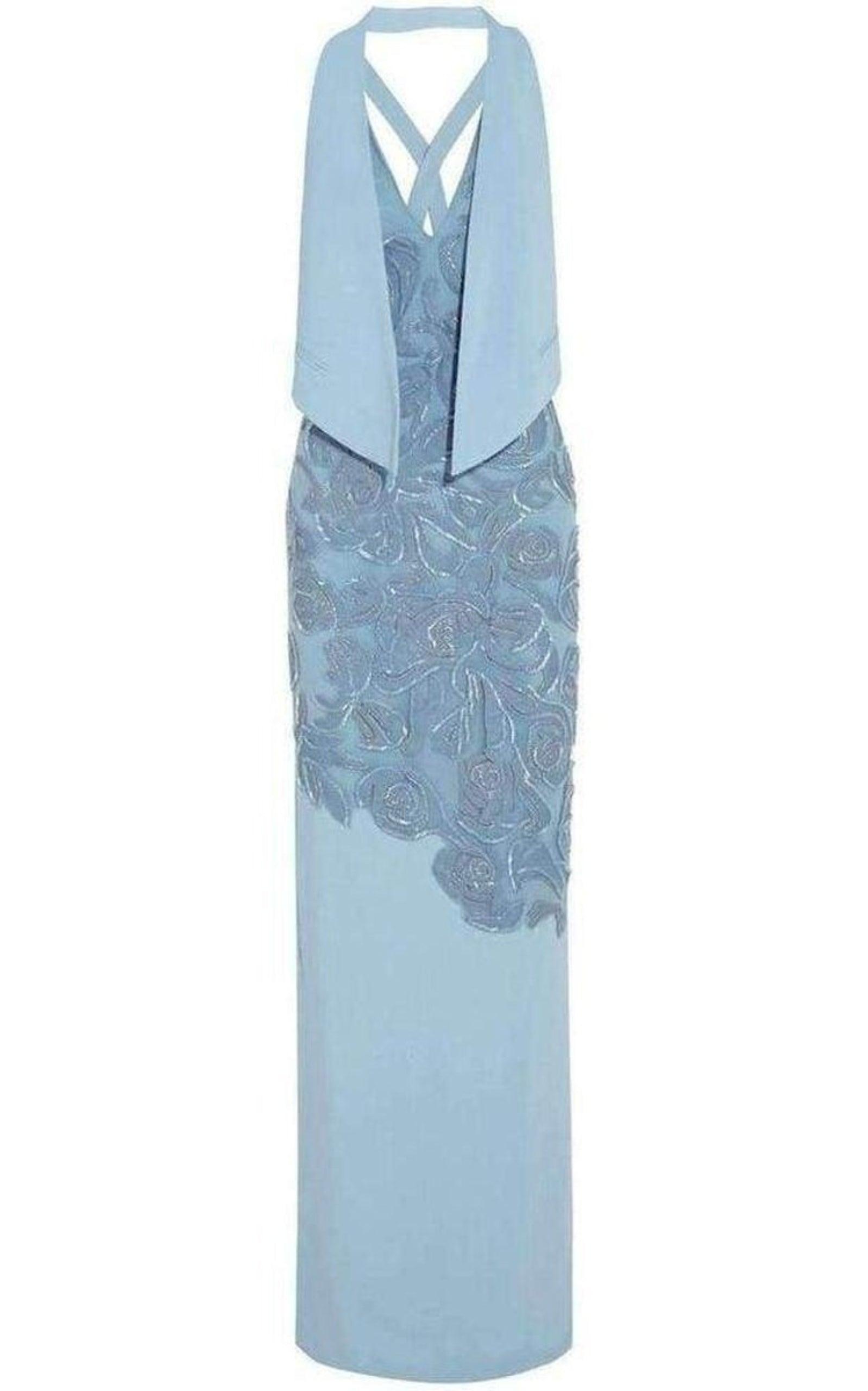 Blue Leather Cutout Lace Embellished Gown Versace