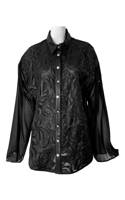 Silk Cut Out Leather Applique Shirt Versace